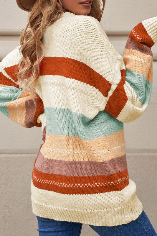 Striped Color Block Drop Shoulder Knit Sweater