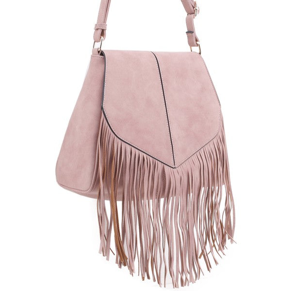 Faux Suede Fringe Flap Crossbody Bag