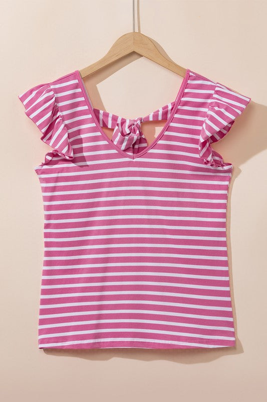 Stripe Butterfly Sleeve V Neck Knot Back T Shirt