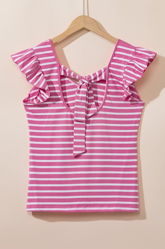 Stripe Butterfly Sleeve V Neck Knot Back T Shirt