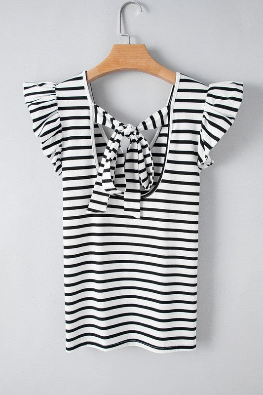 Stripe Butterfly Sleeve V Neck Knot Back T Shirt