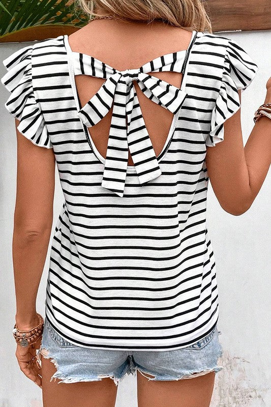 Stripe Butterfly Sleeve V Neck Knot Back T Shirt